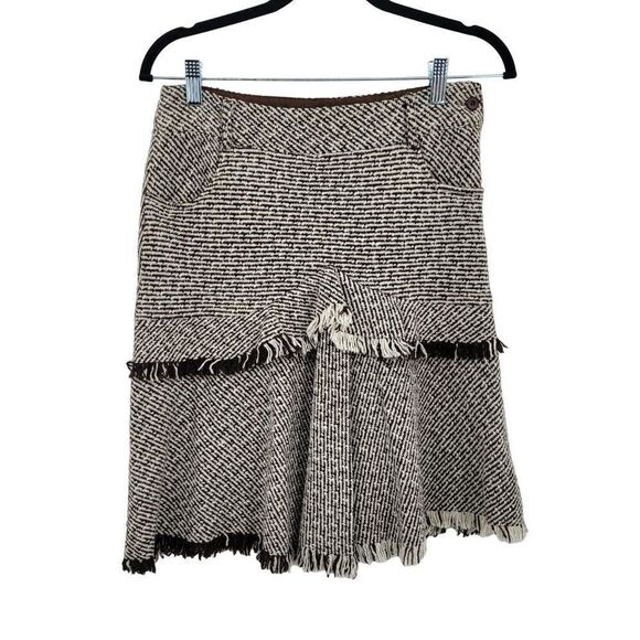 Womens Skirt Tweed Tiered Fringed Tea Length Pockets Boho Country Brown S - Picture 1 of 9